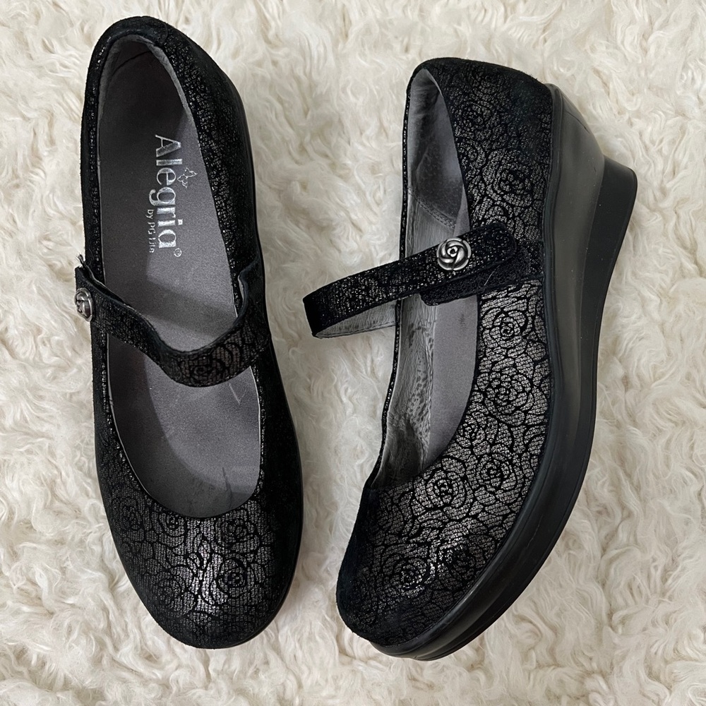 Alegria Flair Pewter Florette Black Mary Janes Shoes